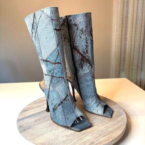 Gianmarco Lorenzi Shoes - Gianmarco Lorenzi Women's Distressed Denim Boots Heels EU Size 39 US Size 8.5
